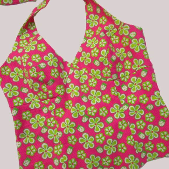 Halter Tops Dune Buggy Ladybug Print Daisy Bright Pink Lime B - Picture 5 of 8